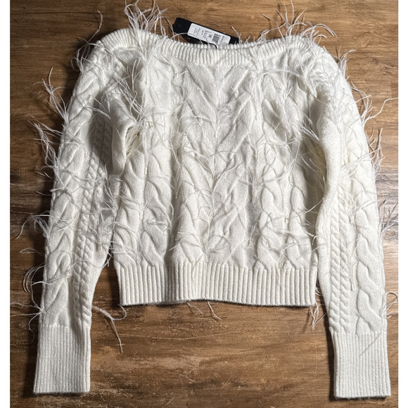 Bcbgmaxazria Women's White Feathered Pullover Cropped Cable Knit Sweater Size XS - Picture 3 of 9